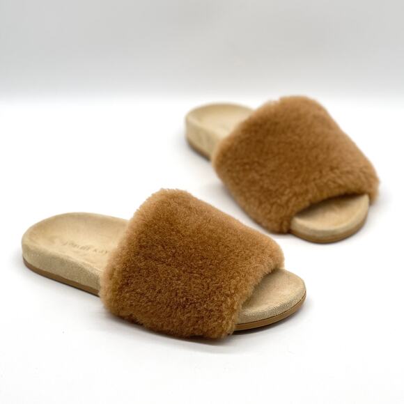 JENNI KAYNE Shearling Slide Sandal Womens 6 Tan Suede Fuzzy Slip On Comfy Casual - Picture 1 of 10